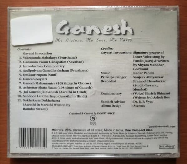 Ganesh  (He Listens. He Sees. He Cares.) - Indian Devotional Audio Cd - Image 2
