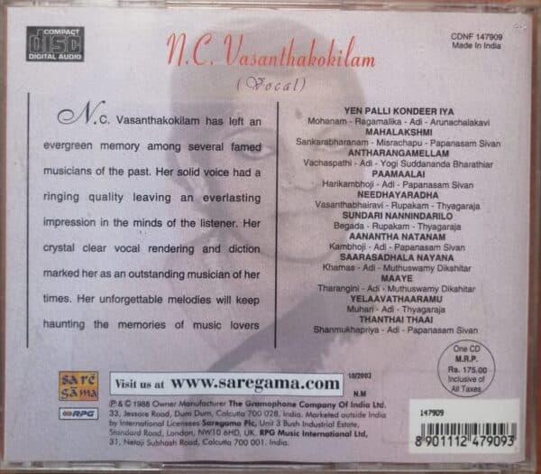 N.C. Vasanthakokilam Vocal - Carnatic Tamil Audio Cd - Image 2