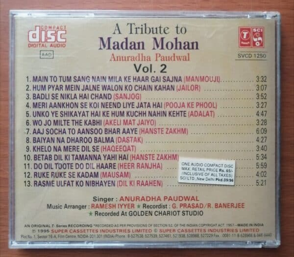 A TRIBUTE TO MADAN KUMAR ANURADHA PAUDWAL VOL-2 - Hindi Audio Cd - Image 2
