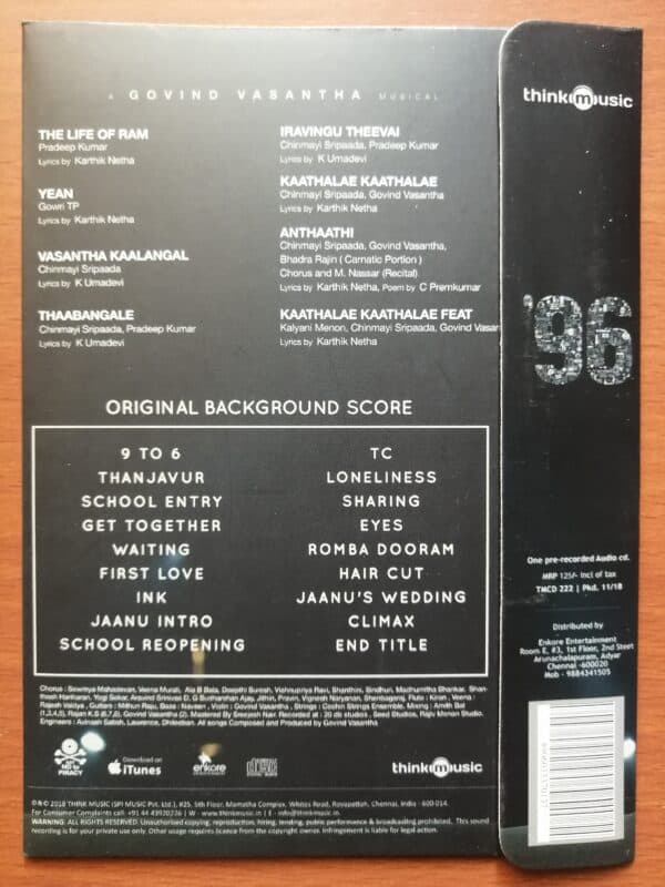 96 S0NGS & ORIGINAL BACKGROUND SCORE - Govind Vasantha Tamil Audio Cd - Image 2
