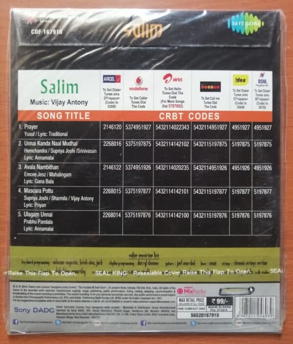 SALIM - Vijay Antony Tamil Audio CD (FACTORY SEALED PACK) - Image 2