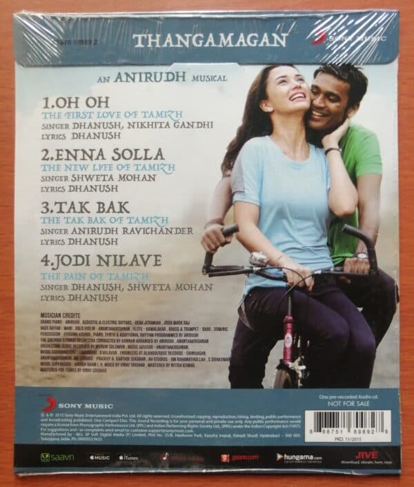 THANGAMAGAN - Anirudh Sony Music Tamil Audio Cd (NFS COPY) - Image 2