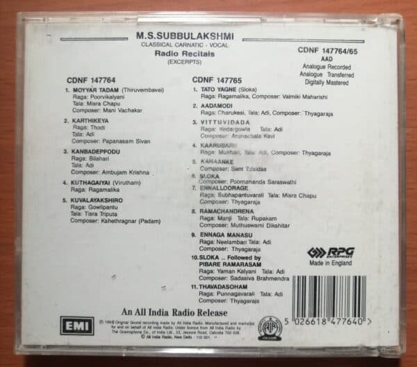 M.S.SUBBULAKSHMI CLASSICAL CARNATIC -VOCAL RADIO  RECITALS - Classical Vocal Audio Cd 2Cd Pack - Image 4