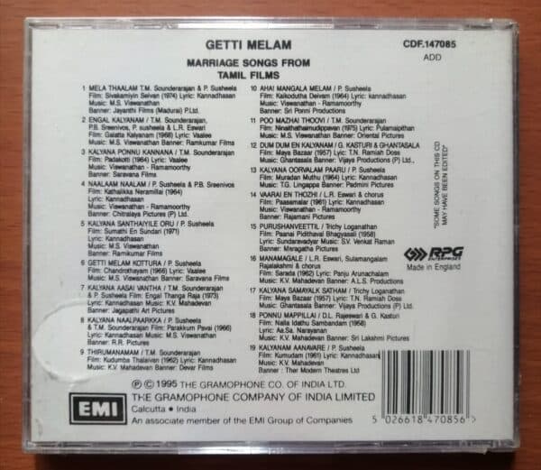 GETTI MELAM MARRIAGE SONGS FROM TAMIL FILMS - Imported Compilation Audio Cd - Image 2