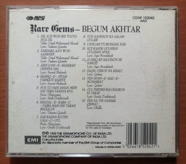 RARE GEMS BEGUM AKHTAR - Hindi Imported Audio Cd - Image 3