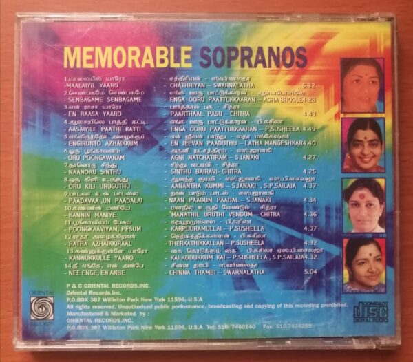 MEMORABLE SOPRANOS - Ilaiyaraaja Oriental Audio Cd - Image 3