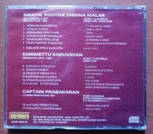 CAPTAIN PRABAKARAN / KARIMETTU KARUVAYAN / SIRAIYIL POOTHA CHINNA MALAR - Ilaiyaraaja Tamil Audio Cd - Image 3