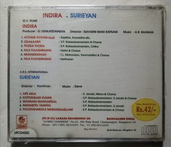 INDIRA / SURIEYAN - A.R. Rahman & Deva Tamil Film Audio Cd (FACTORY SEALED PACK) - Image 2