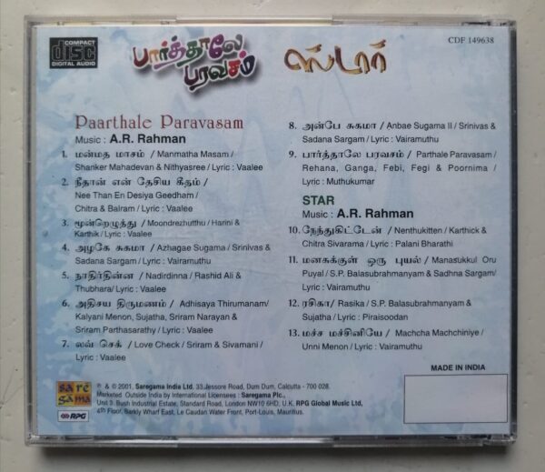 PAARTHALE PARAVASAM / STAR - A.R.Rahman Tamil Audio Cd - Image 3