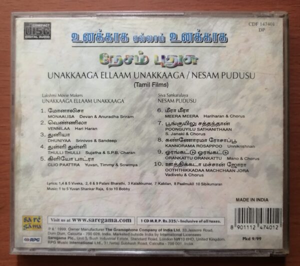 UNAKKAAGA ELLAAM UNAKKAAGA / NESAM PUDUSU - Yuvan Shankar Raja & Bobby Tamil Film Audio Cd - Image 3