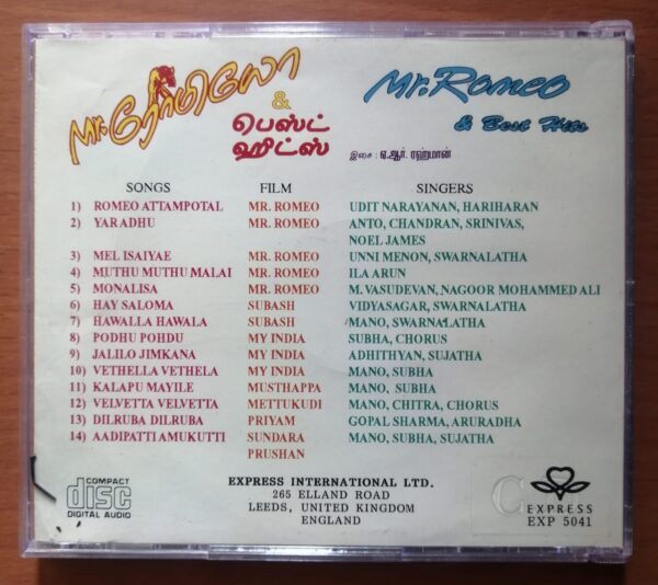 MR.ROMEO / BEST HITS - Imported A.R. Rahman Tamil Audio Cd - Image 3