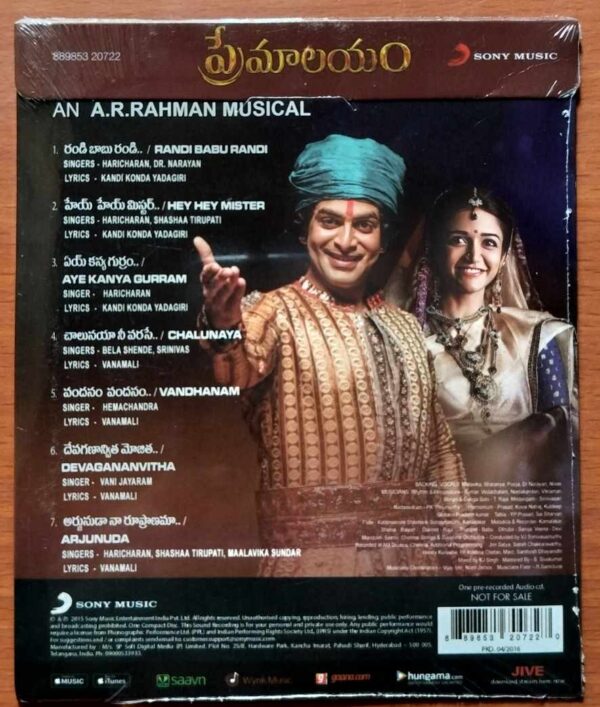 PREMALAYAM - A.R. Rahman Telugu Audio Cd (FACTORY SEALED PACK) - Image 2