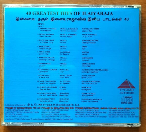 40 GREATEST HITS OF ILAIYARAAJA VOL . 1 2 3  - Ilayaraja Imported Pyramid 3CD Pack Audio Cd - Image 10