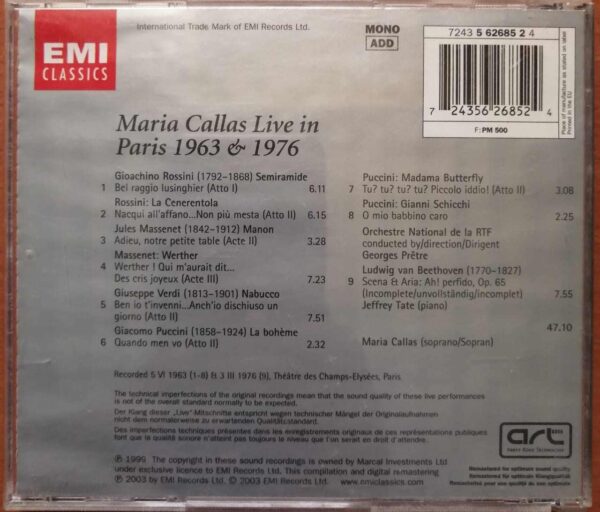 LIVE IN PARIS 1963 & 1976 CALLAS PRETRE - TATE - English Opera Album Audio Cd - Image 3