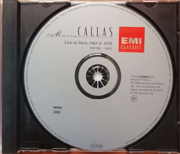 LIVE IN PARIS 1963 & 1976 CALLAS PRETRE - TATE - English Opera Album Audio Cd - Image 2