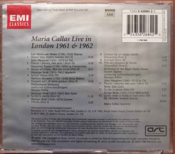 LIVE IN LONDON 1961 & 1962 CALLAS - PRETRE - SARGENT - Imported English Opera Album Audio Cd - Image 3