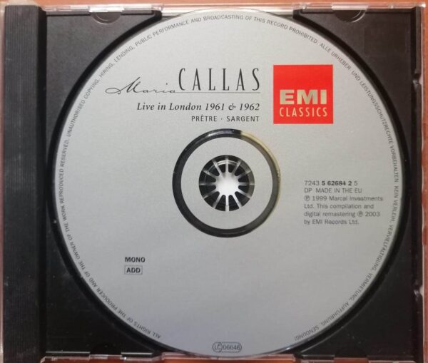 LIVE IN LONDON 1961 & 1962 CALLAS - PRETRE - SARGENT - Imported English Opera Album Audio Cd - Image 2