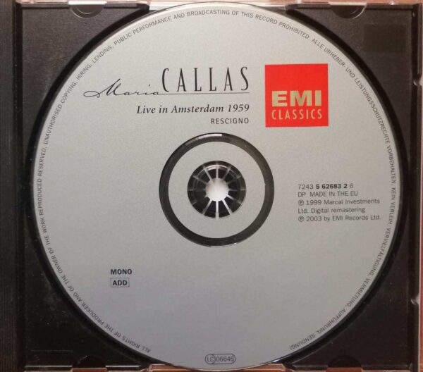 LIVE IN AMSTERDAM 1959 CALLAS - RESCIGNO - Imported English Opera Album Audio Cd - Image 2