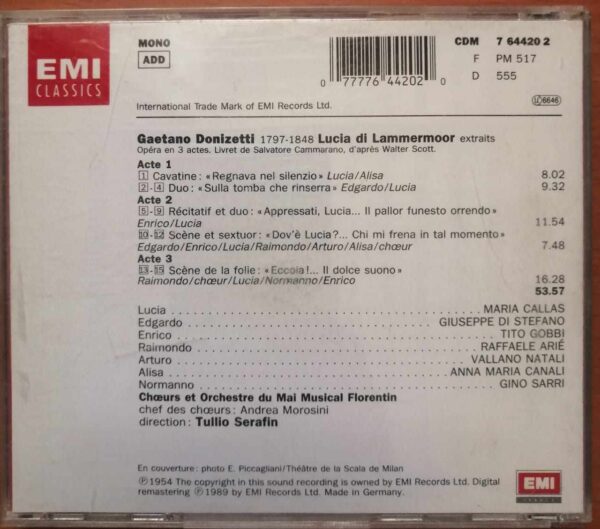 DONIZETTI : LUCIA DI LAMMERMOOR CALLAS / SERAFIN - Imported English Opera Album Audio Cd - Image 3