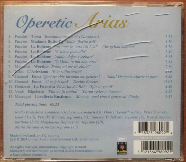 OPERETIC ARIAS - Imported Opera Album Audio Cd - Image 2