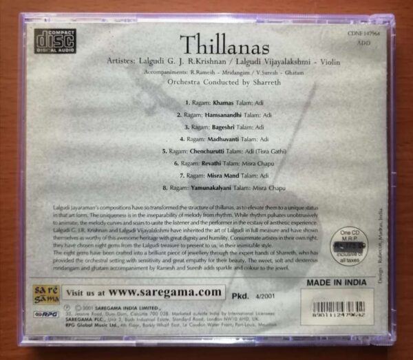 THILLANAS OF LALGIDI G. JAYARAMAN - Instrumental Audio Cd - Image 2