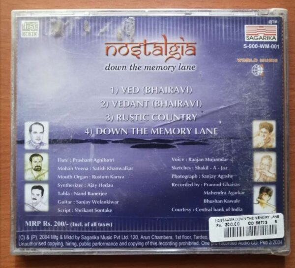 NOSTALGIA DOWN THE MEMORY LANE - Indian Hindustani Audio Cd (FACTORY SEALED PACK) - Image 2