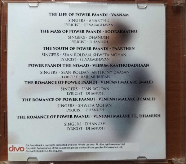 POWER PAANDI - Sean Roldan Tamil Audio Cd (PROMOTIONAL NFS COPY) - Image 3
