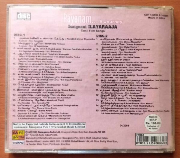 PAYANAM.....A JOURNEY ISAIGNANI ILAIYARAAJA TAMIL FILM SONGS VOL 1&2 - Ilayaraja Tamil Audio 2CD Pack Cd - Image 4