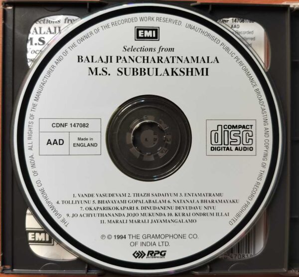 BALAJI PANCHARATNA MALA M.S. SUBBULAKSHMI - Imported 2CD Pack Devotional Audio Cd - Image 3