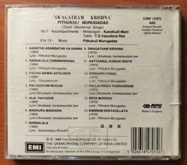 SWAGATHAM KRISHNA - Pithukuli Murugadas Imported Devotional Audio Cd - Image 3