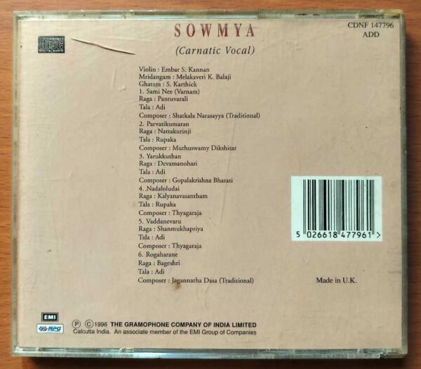 SOWMYA CARNATIC VOCAL - Imported Carnatic Audio Cd - Image 3