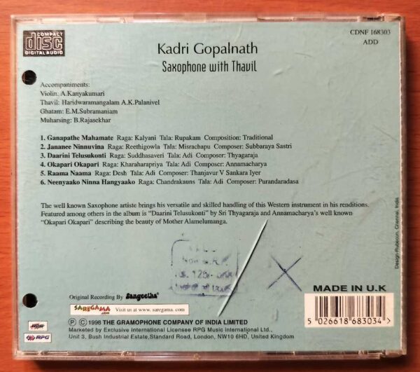 KADRI GOPALNATH SAXOPHONE WITH THAVIL - Tamil Classical Audio Cd - Image 3