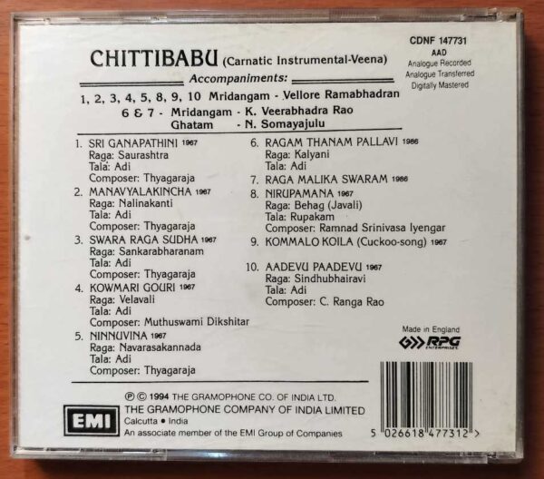 CHITTIBABU - Imported Carnatic Instrumental Veena Audio Cd - Image 3