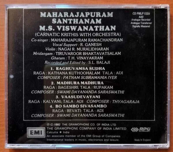 MAHARAJAPURAM SANTHANAM M.S. VISWANATHAN - Carnatic Krithis With Orchestra Audio Cd - Image 3