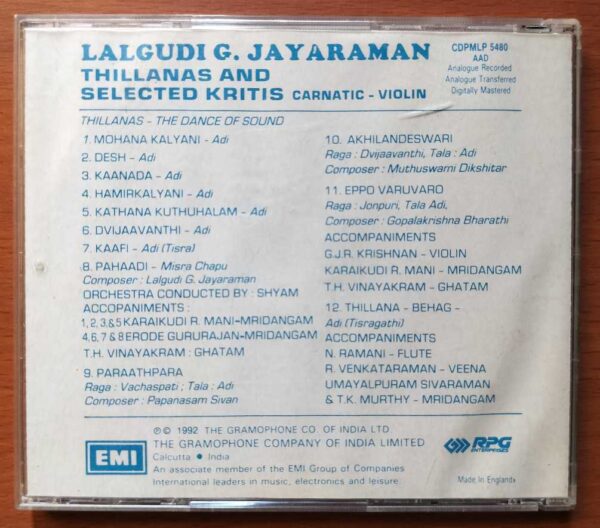 LALGUDI G. JAYARAMAN THILLANAS AND SELECTED KRITIS - Imported Carnatic Audio Cd - Image 3