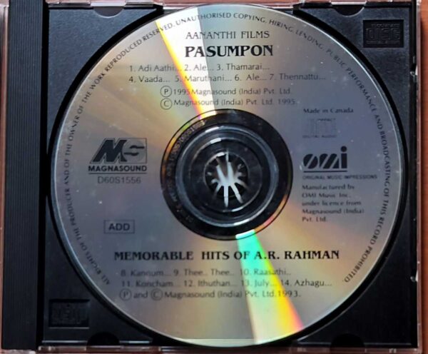 PASUMPON / MEMORABLE HITS OF A.R. RAHMAN - Imported A.R. Rahman Tamil Audio Cd - Image 2
