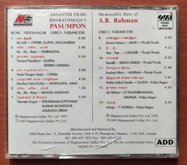 PASUMPON / MEMORABLE HITS OF A.R. RAHMAN - Imported A.R. Rahman Tamil Audio Cd - Image 3