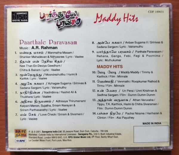 PAARTHALE PARAVASAM / MADDY HITS - A.R. Rahman Tamil Audio Cd - Image 3