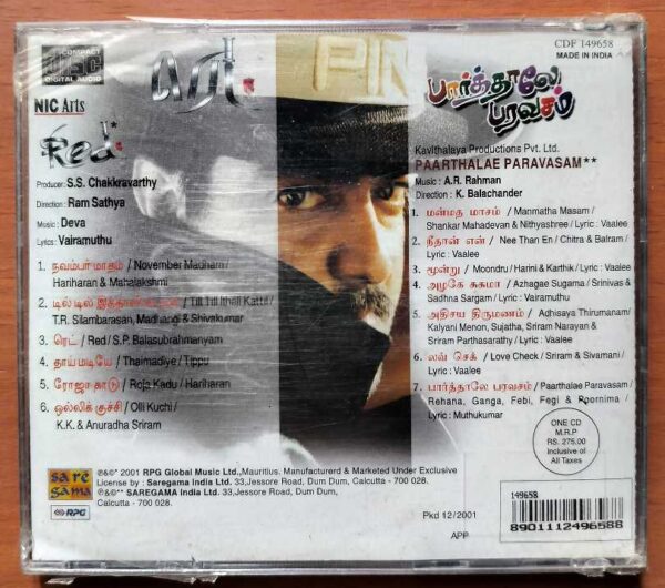 RED / PAARTHALE PARAVASAM - Deva & A.R. Rahman Tamil Audio Cd (FACTORY SEALED PACK) - Image 2