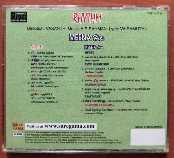 RHYTHM / MEENA HITS - Imported A.R. Rahman Tamil Audio Cd - Image 3