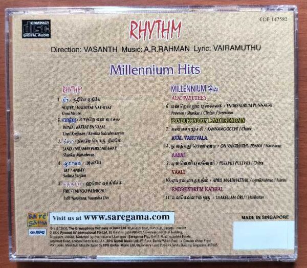 RHYTHM / MILLENNIUM HITS - Imported A.R. Rahman Tamil Audio Cd - Image 3