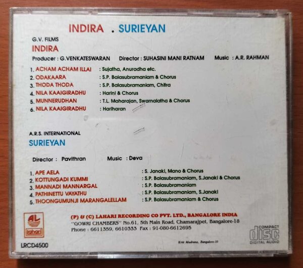 INDIRA / SURIEYAN - A.R. Rahman & Deva Tamil Film Audio Cd - Image 3