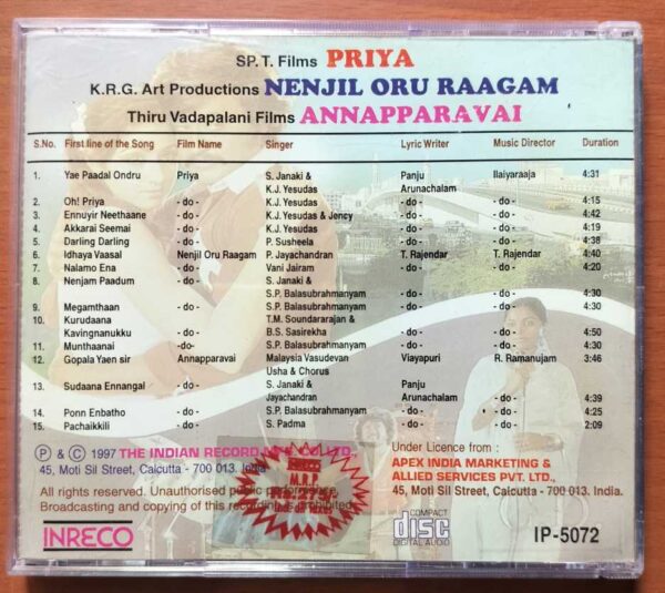 PRIYA / NENJIL ORU RAAGAM / ANNAPPARACAI - Ilayaraja Tamil Audio Cd - Image 3