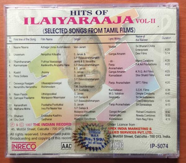 HITS OF ILAIYARAAJA VOL. 2 - Selected Songs From Tamil Films Audio Cd - Image 3