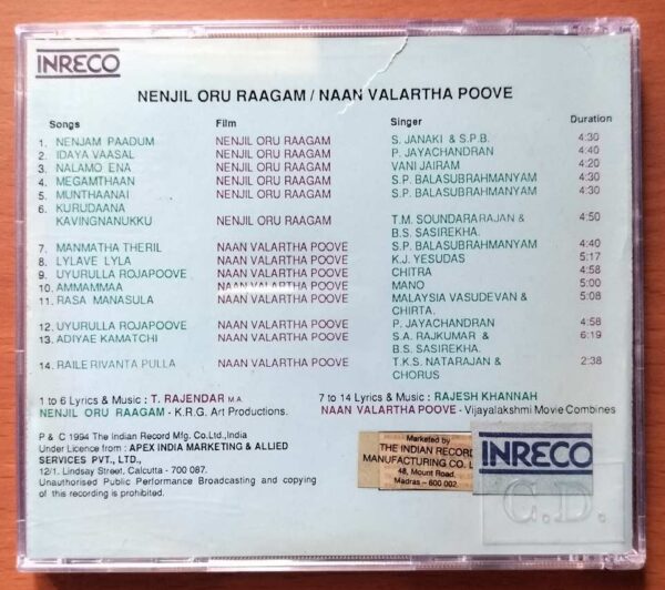 NENJIL ORU RAAGAM / NAAN VALARTHA POOVE - T. Rajendar & Rajesh Khannah Tamil Audio Cd - Image 3