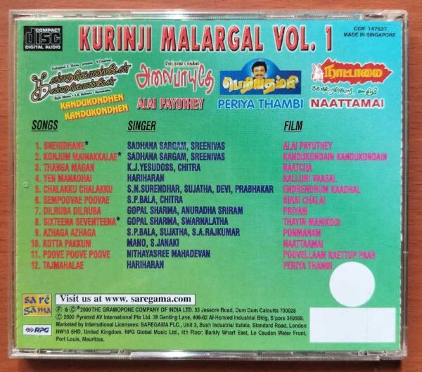 KURINJI MALARGAL VOL. 1 - Imported Tamil Audio Cd - Image 3