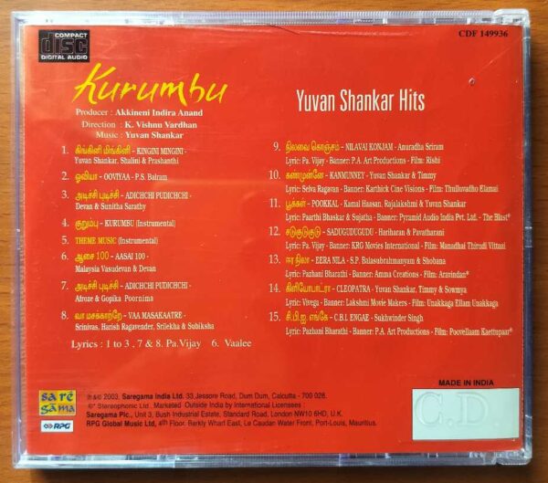 KURUMBU / YUVAN SHANKAR HITS - Yuvan Shankar Raja Tamil Audio Cd - Image 3