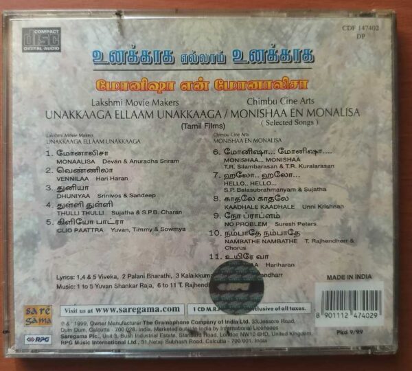 UNAKKAAGA ELLAAM UNAKKAAGA / MONISHAA EN MONALISA - Yuvan Shankar Raja Tamil Film Audio Cd - Image 3