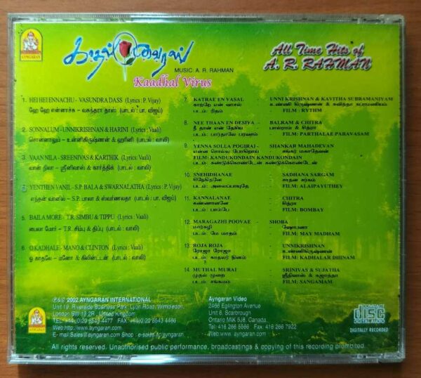 KAADHAL VIRUS / ALL TIME HITS OF A.R. RAHMAN - Imported A.R. Rahman Tamil Audio Cd - Image 3
