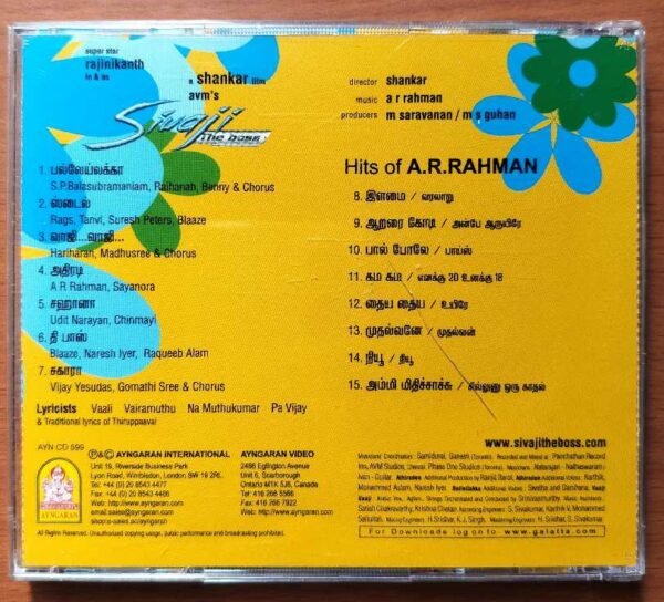 SIVAJI / HITS OF A.R. RAHMAN - Imported A.R. Rahman Ayngaran Tamil Audio Cd - Image 3